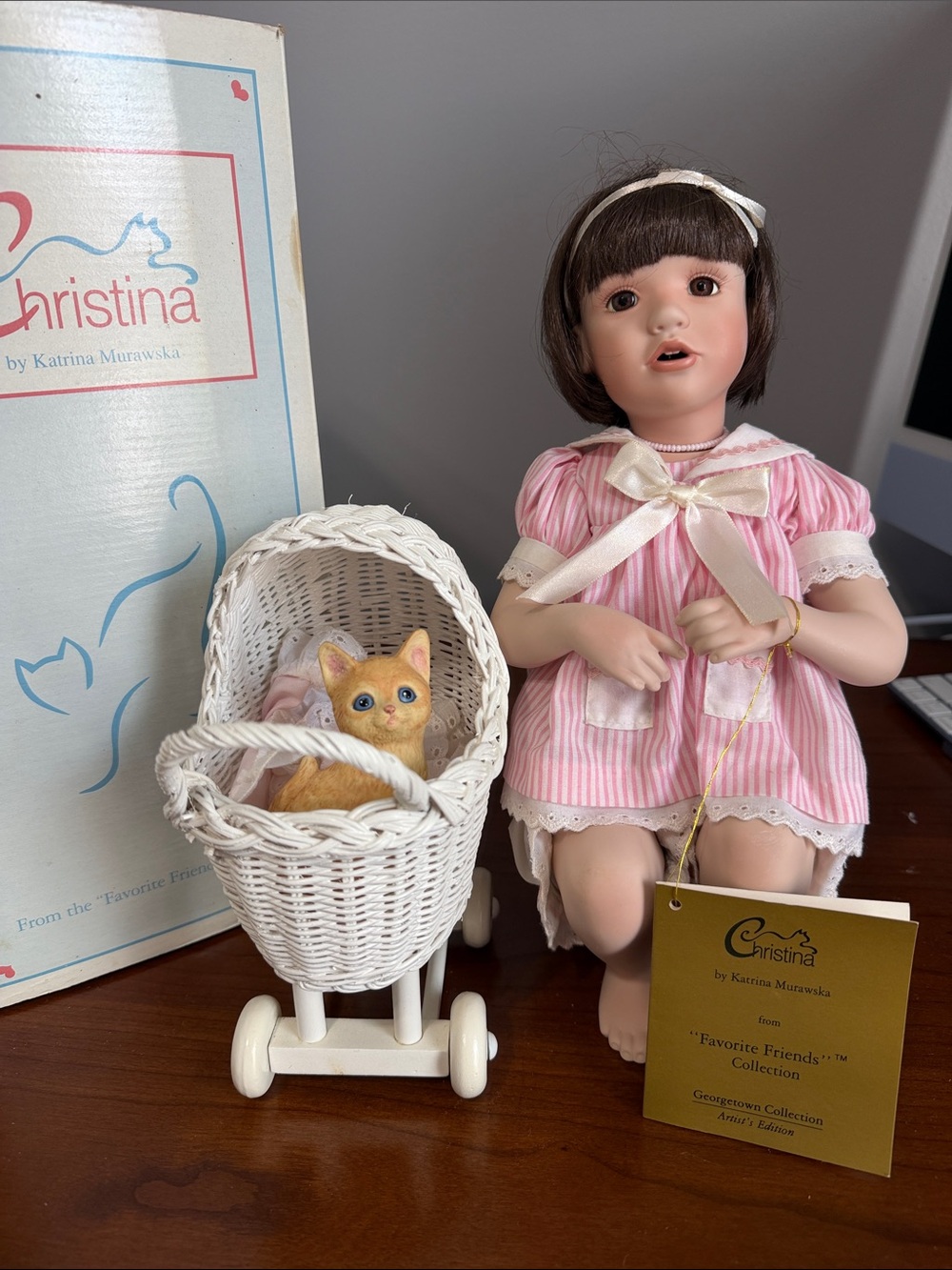 Christina Pink Striped Doll with White Wicker Pram and Kitty